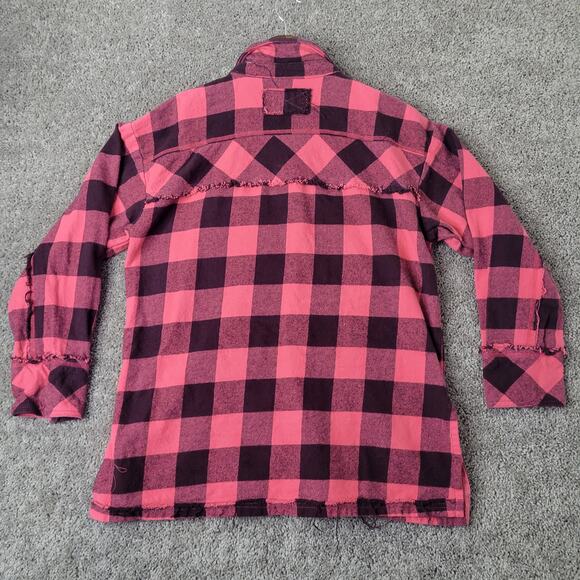 We the Free Oversized Pink Raw Hem Button Down Plaid Shirt Size Small - Picture 7 of 10